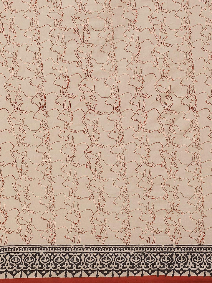 Beige Printed Cotton Saree