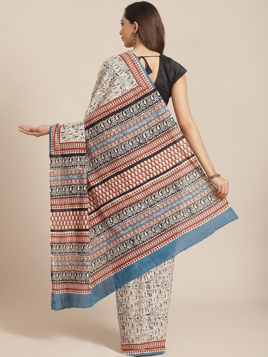 Beige Printed Cotton Saree - ShopLibas