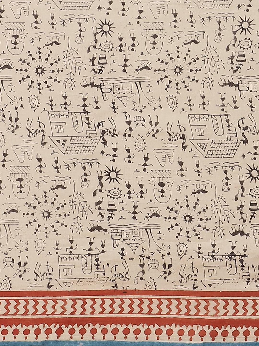 Beige Printed Cotton Saree - ShopLibas