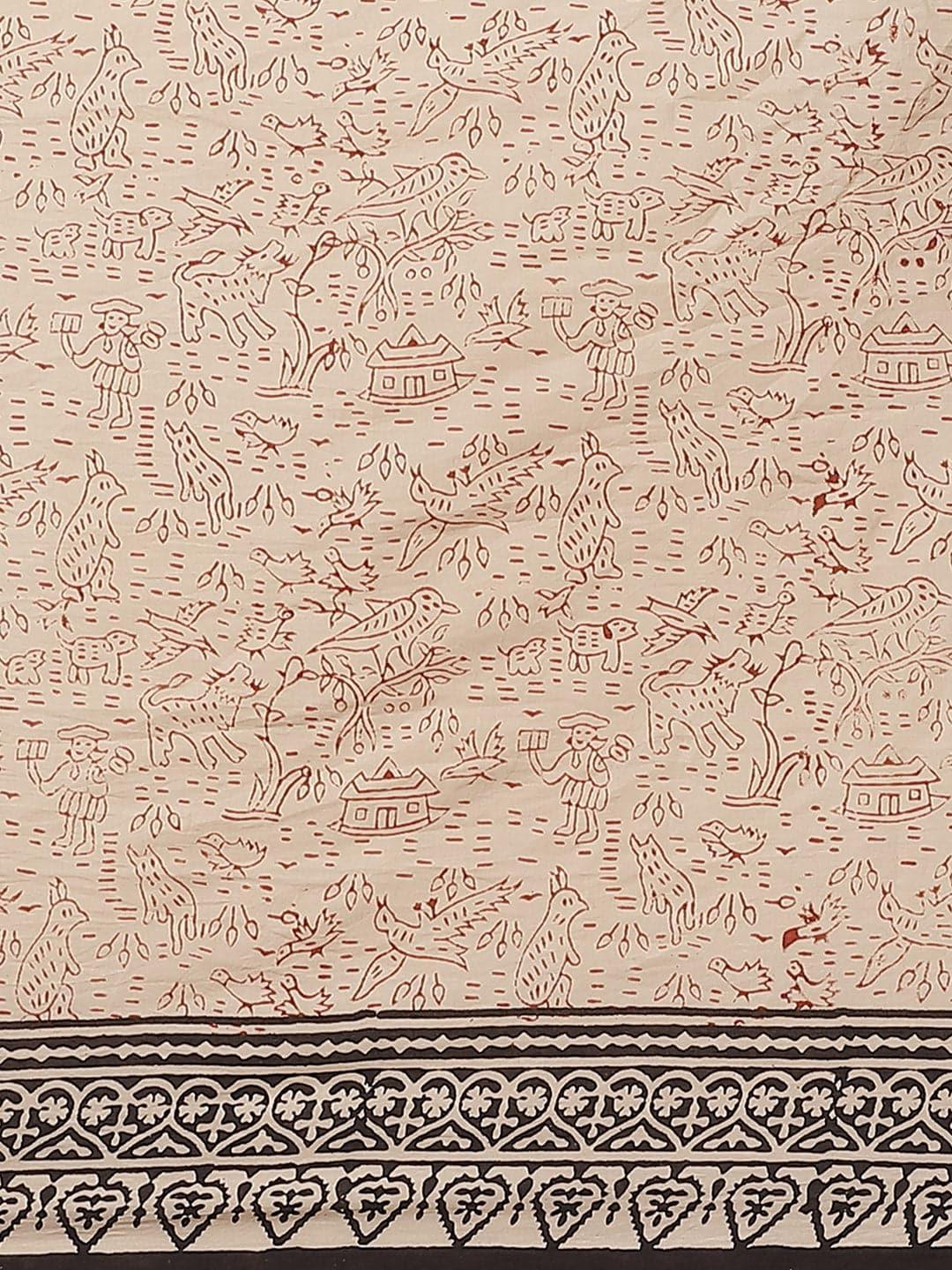 Beige Printed Cotton Saree - ShopLibas