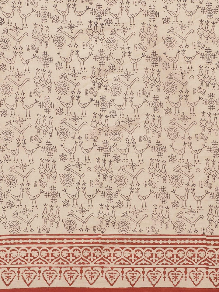 Beige Printed Cotton Saree