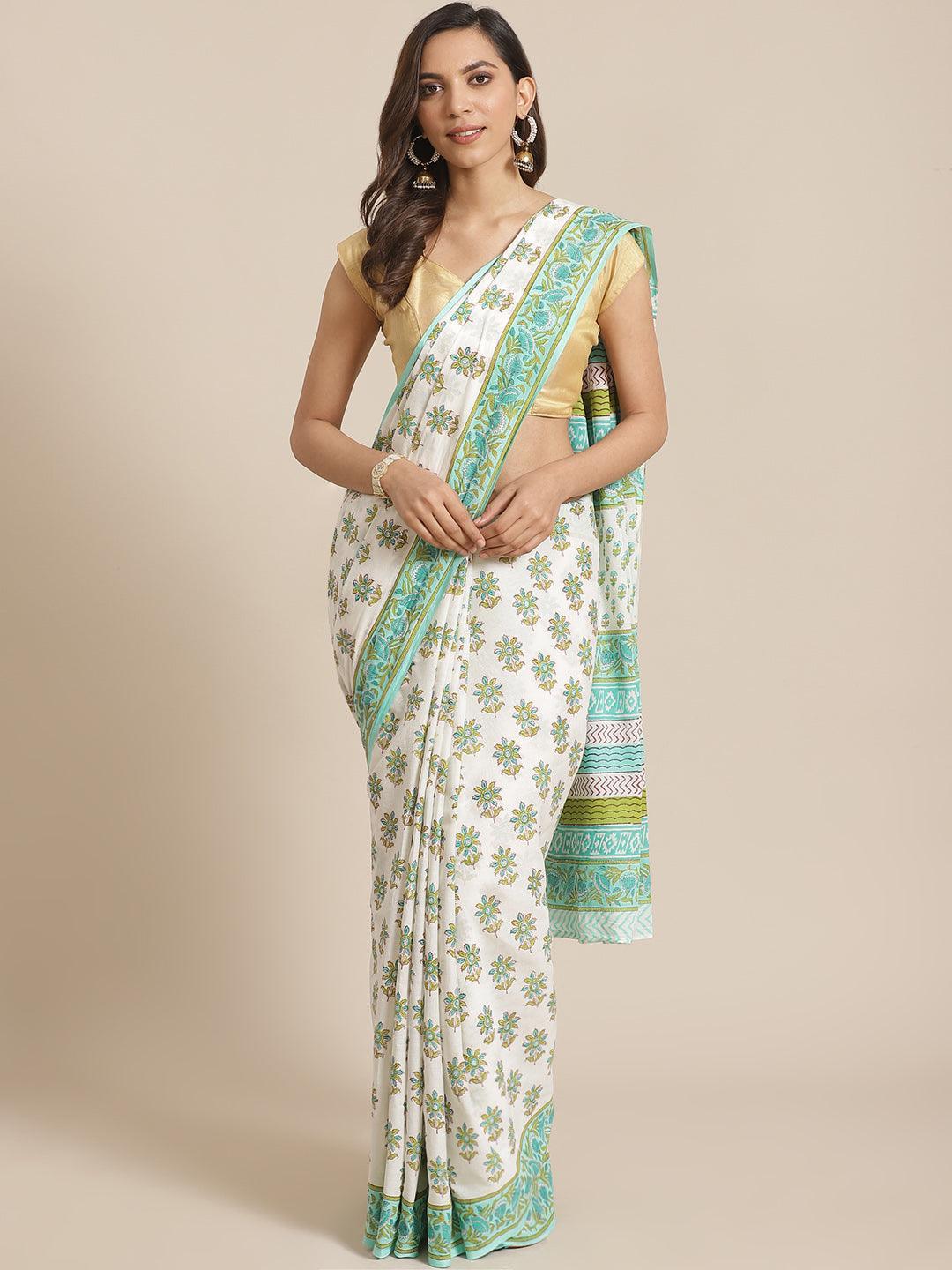 White Printed Cotton Saree - ShopLibas