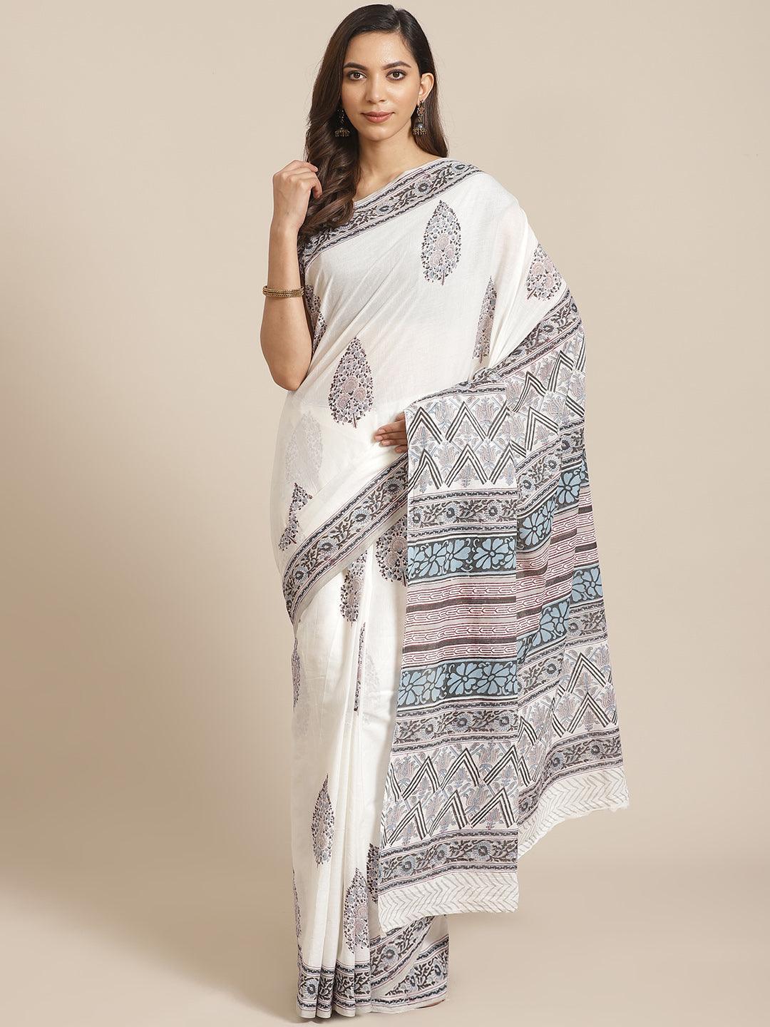 White Printed Cotton Saree - ShopLibas