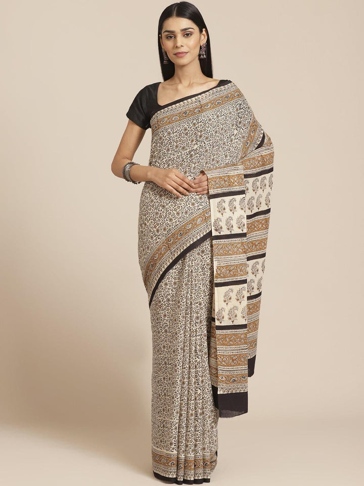 Beige Printed Cotton Saree