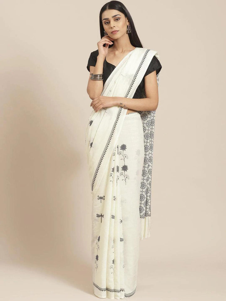 Off White Printed Cotton Saree