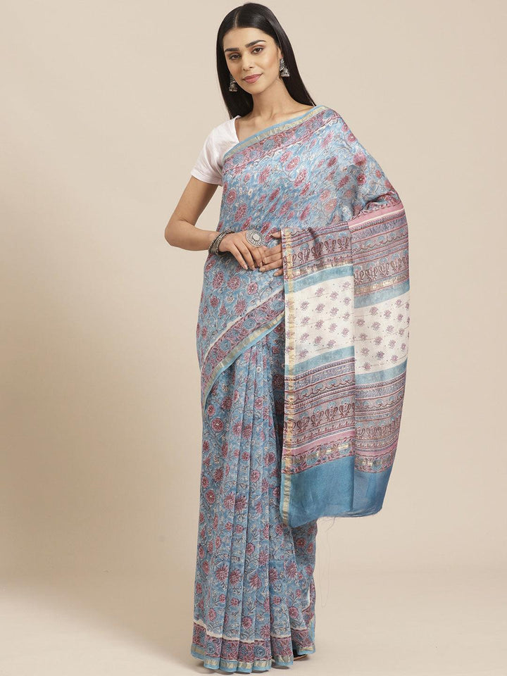 Blue Printed Cotton Silk Saree
