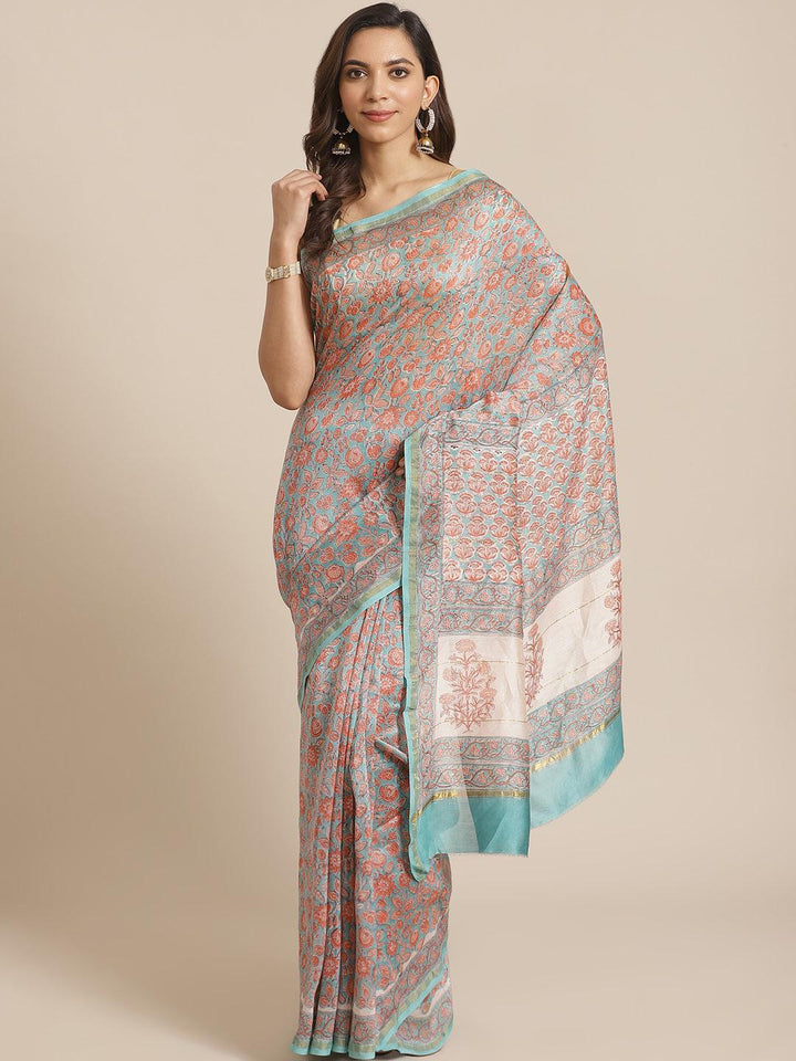 Blue Printed Cotton Silk Saree