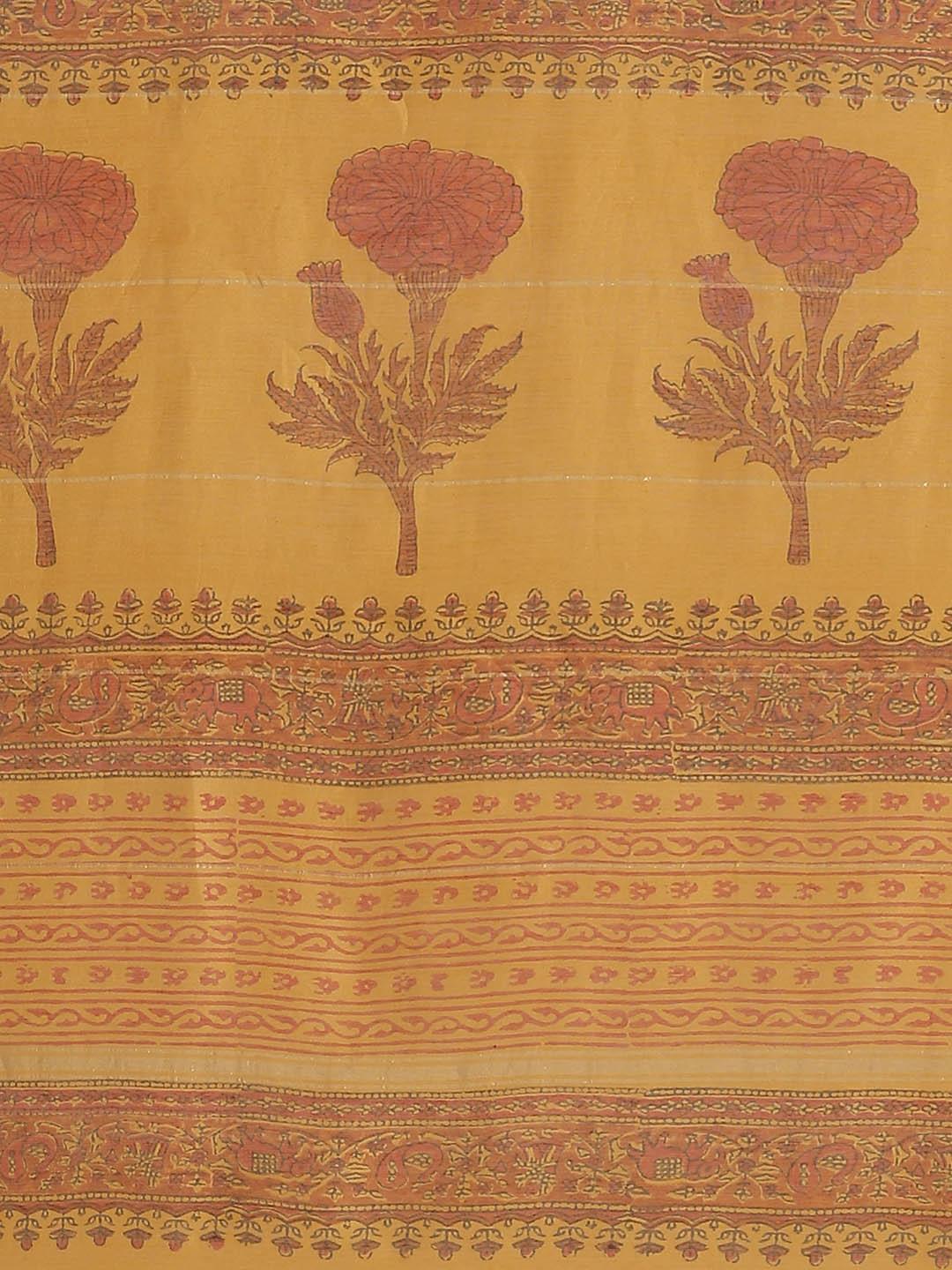 Yellow Printed Cotton Silk Saree - ShopLibas