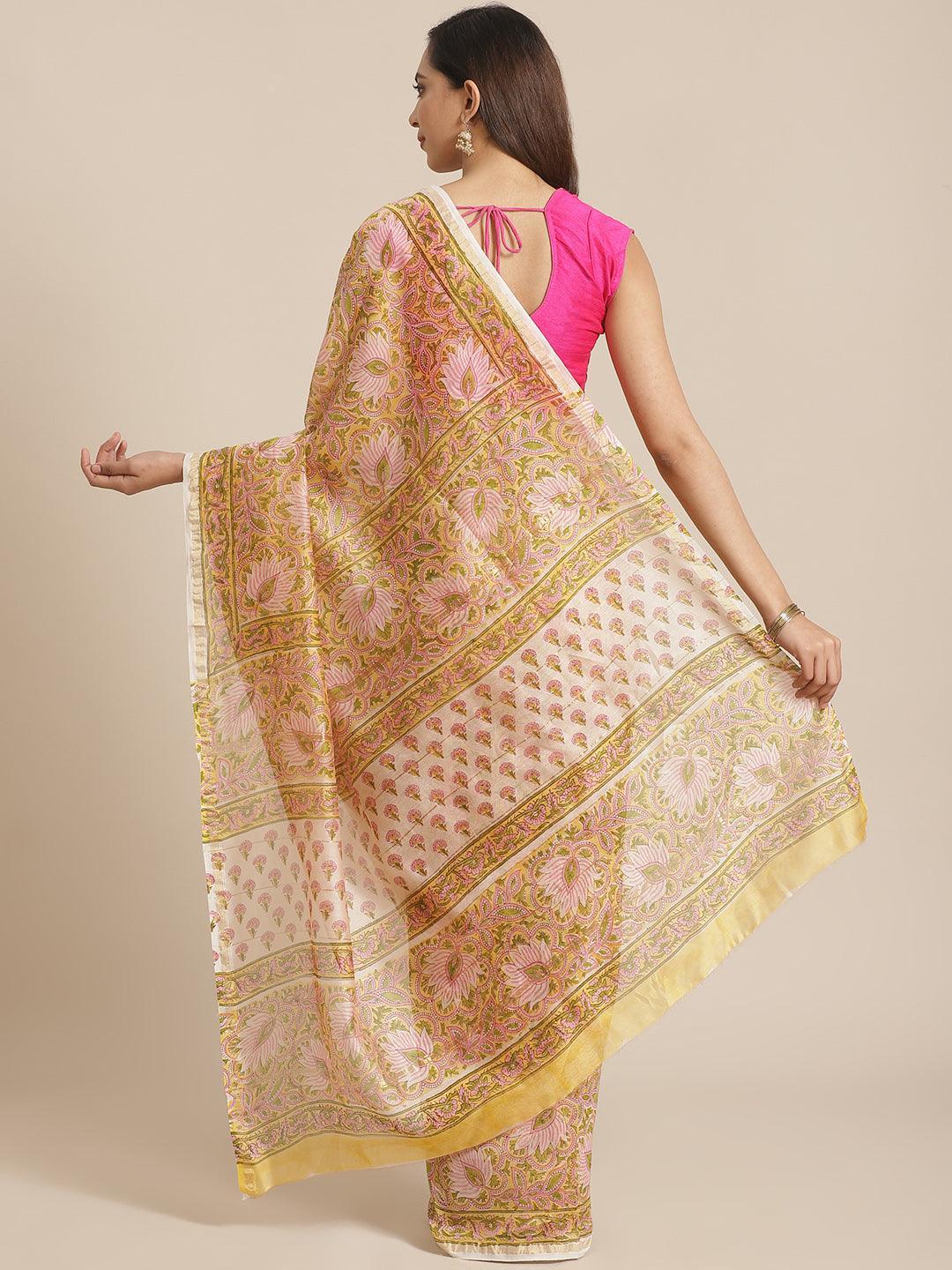 Yellow Printed Cotton Silk Saree - ShopLibas