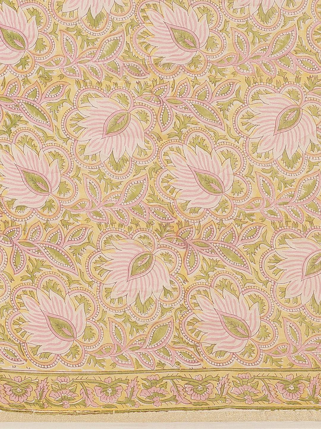 Yellow Printed Cotton Silk Saree - ShopLibas