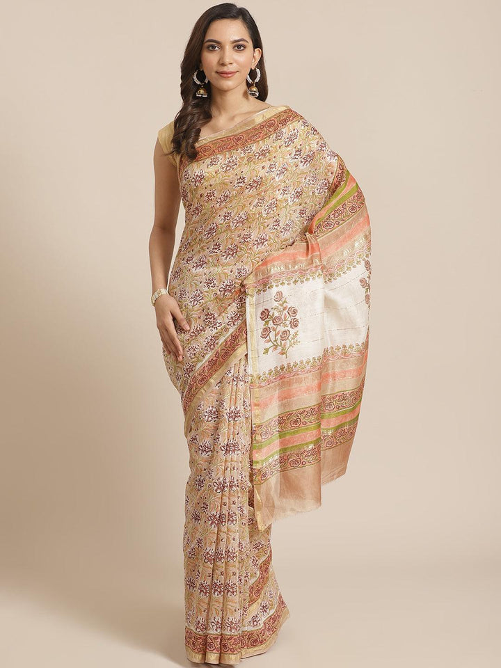 Beige Printed Cotton Silk Saree
