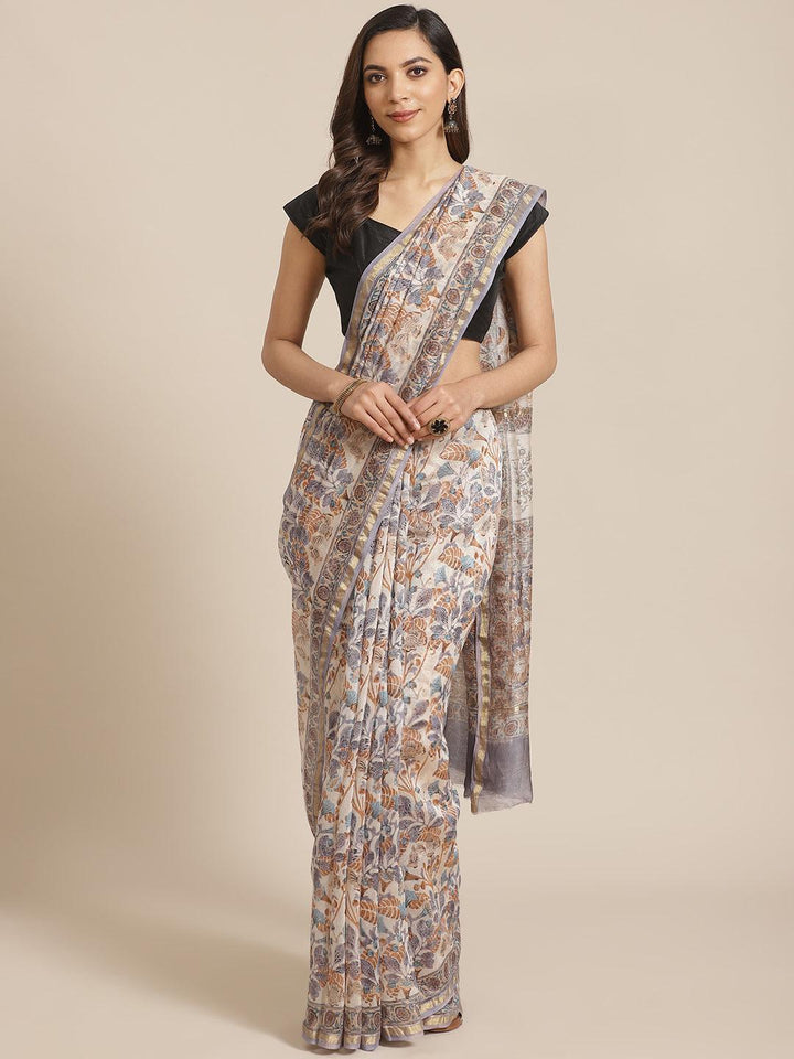Cream Printed Cotton Silk Saree
