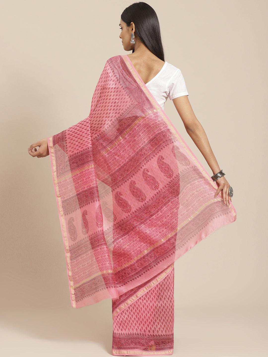Pink Printed Cotton Silk Saree - ShopLibas