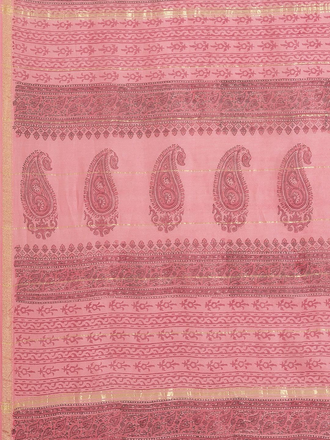 Pink Printed Cotton Silk Saree - ShopLibas