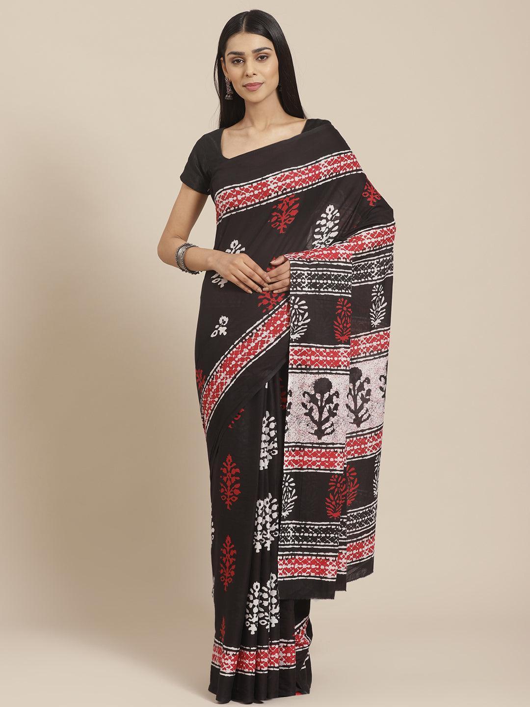 Black Printed Cotton Saree - ShopLibas