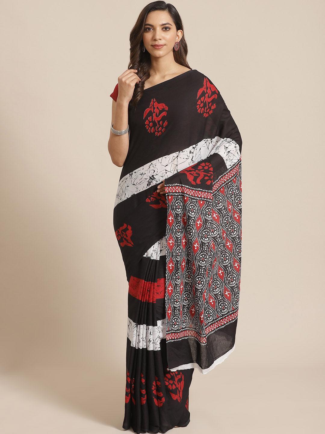 Black Printed Cotton Saree - ShopLibas