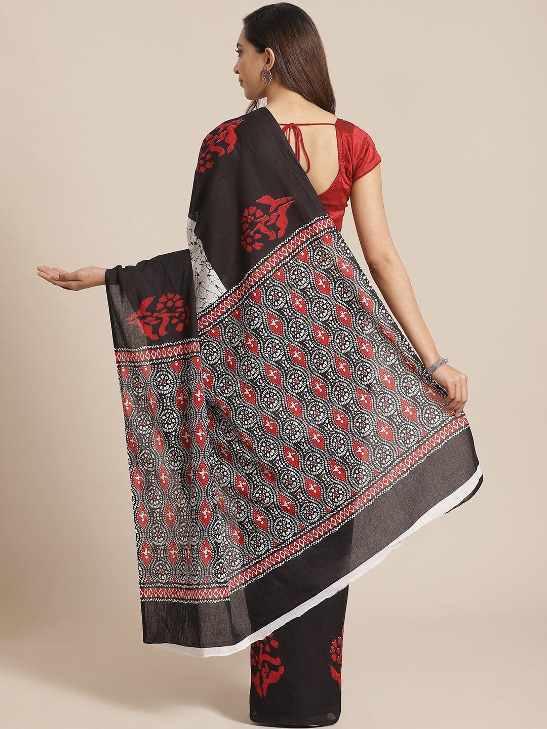 Black Printed Cotton Saree - ShopLibas