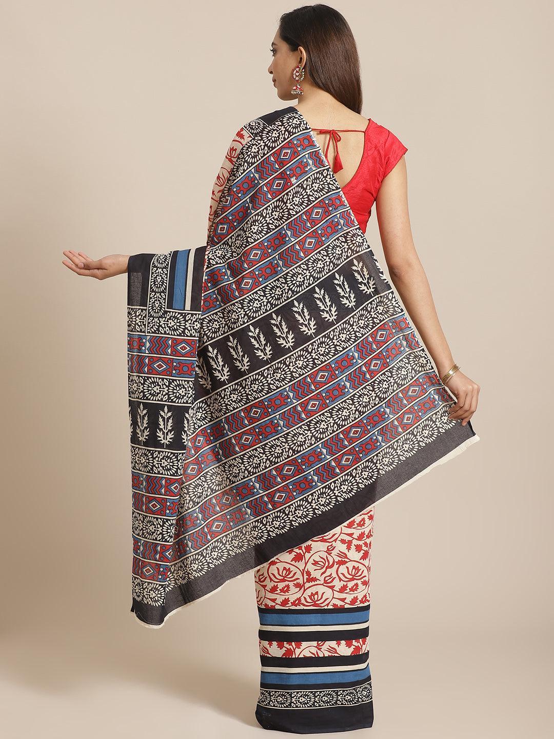 Off White Printed Cotton Saree - ShopLibas