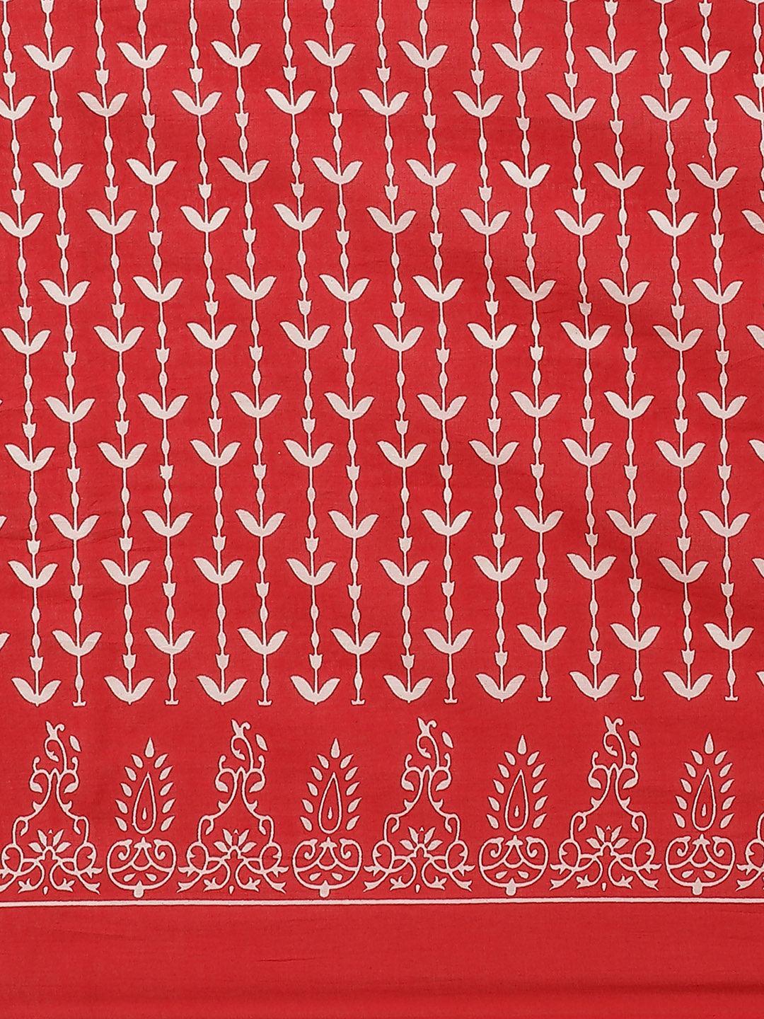 Red Printed Cotton Saree - ShopLibas