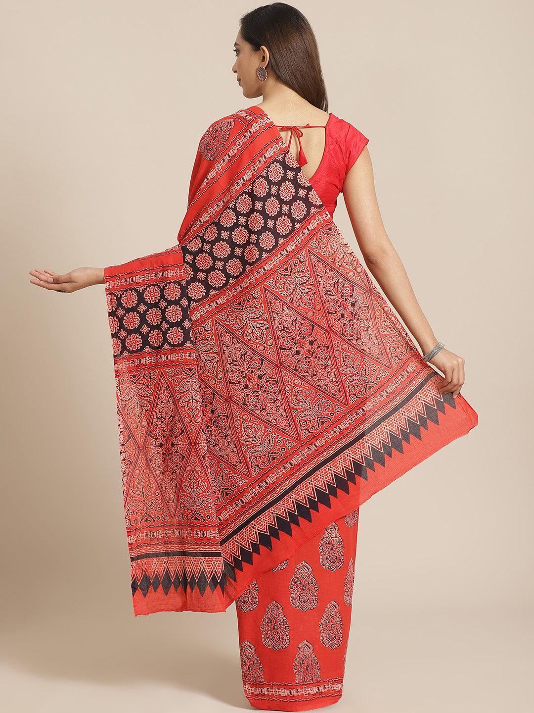 Red Printed Cotton Saree - ShopLibas