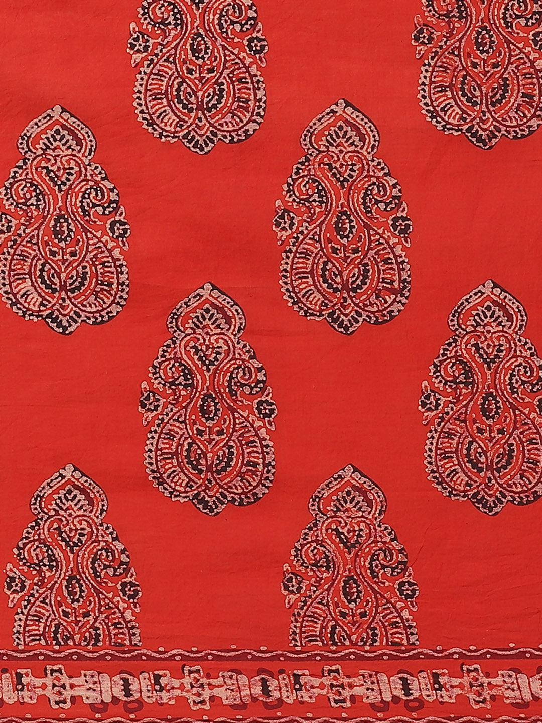 Red Printed Cotton Saree - ShopLibas
