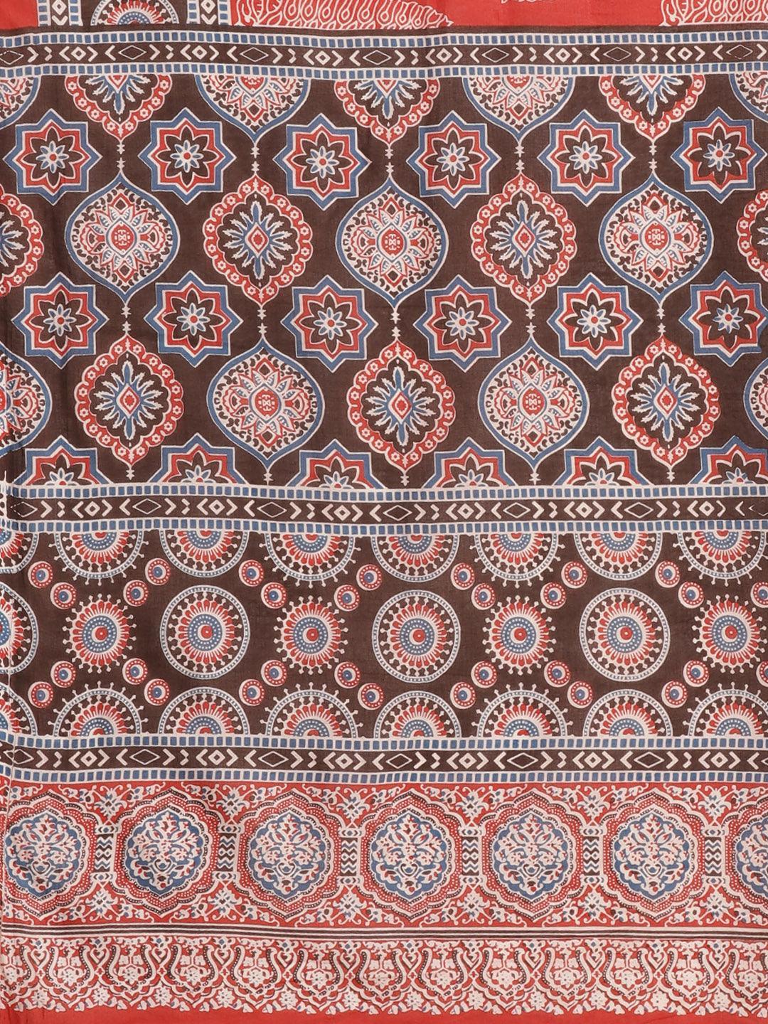 Red Printed Cotton Saree - ShopLibas