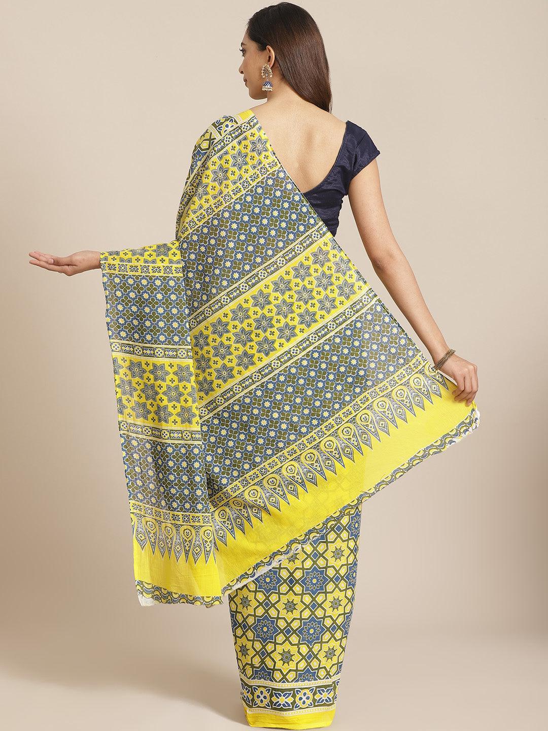 Yellow Printed Cotton Saree - ShopLibas