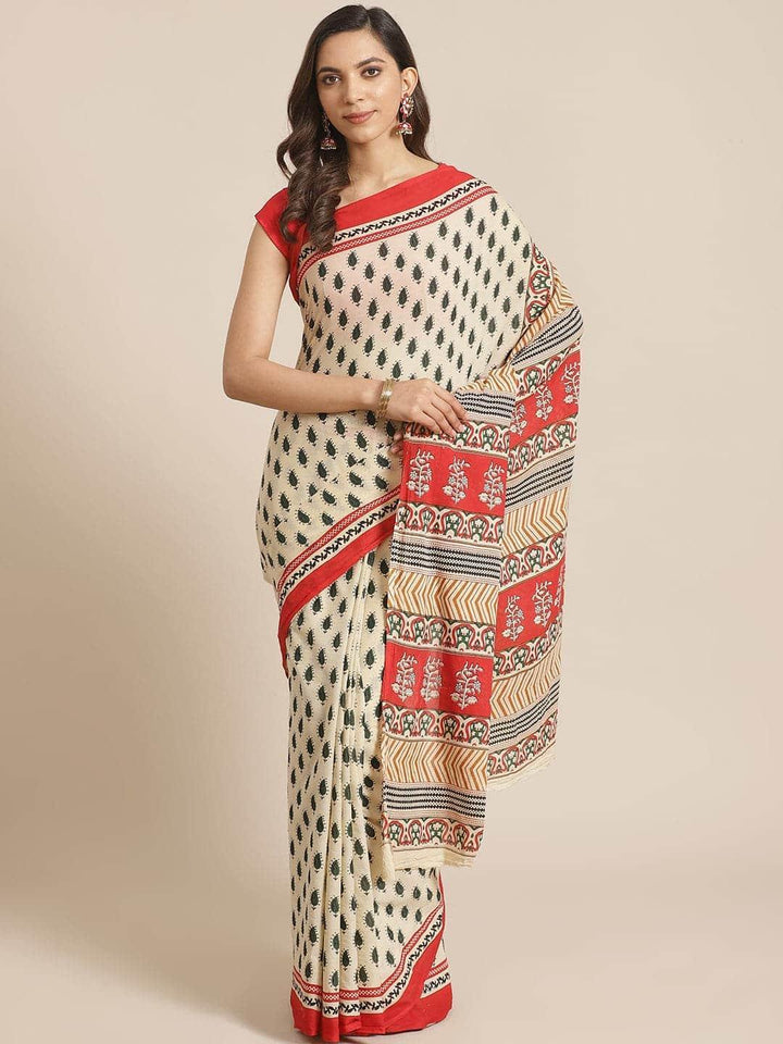 Beige Printed Cotton Saree