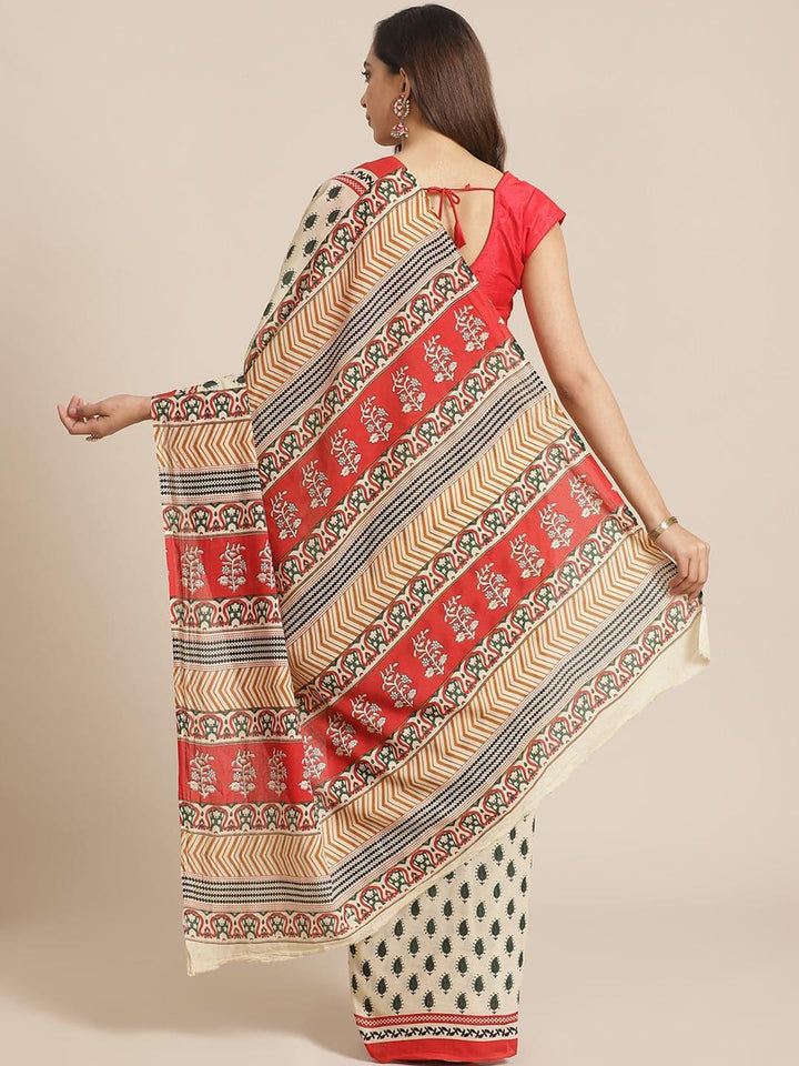 Beige Printed Cotton Saree