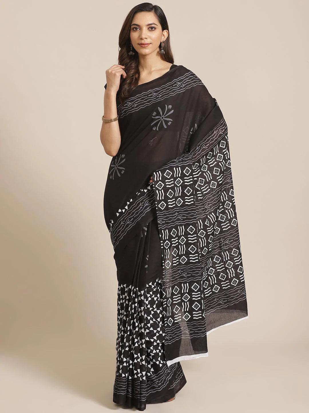 Black Printed Cotton Saree - ShopLibas