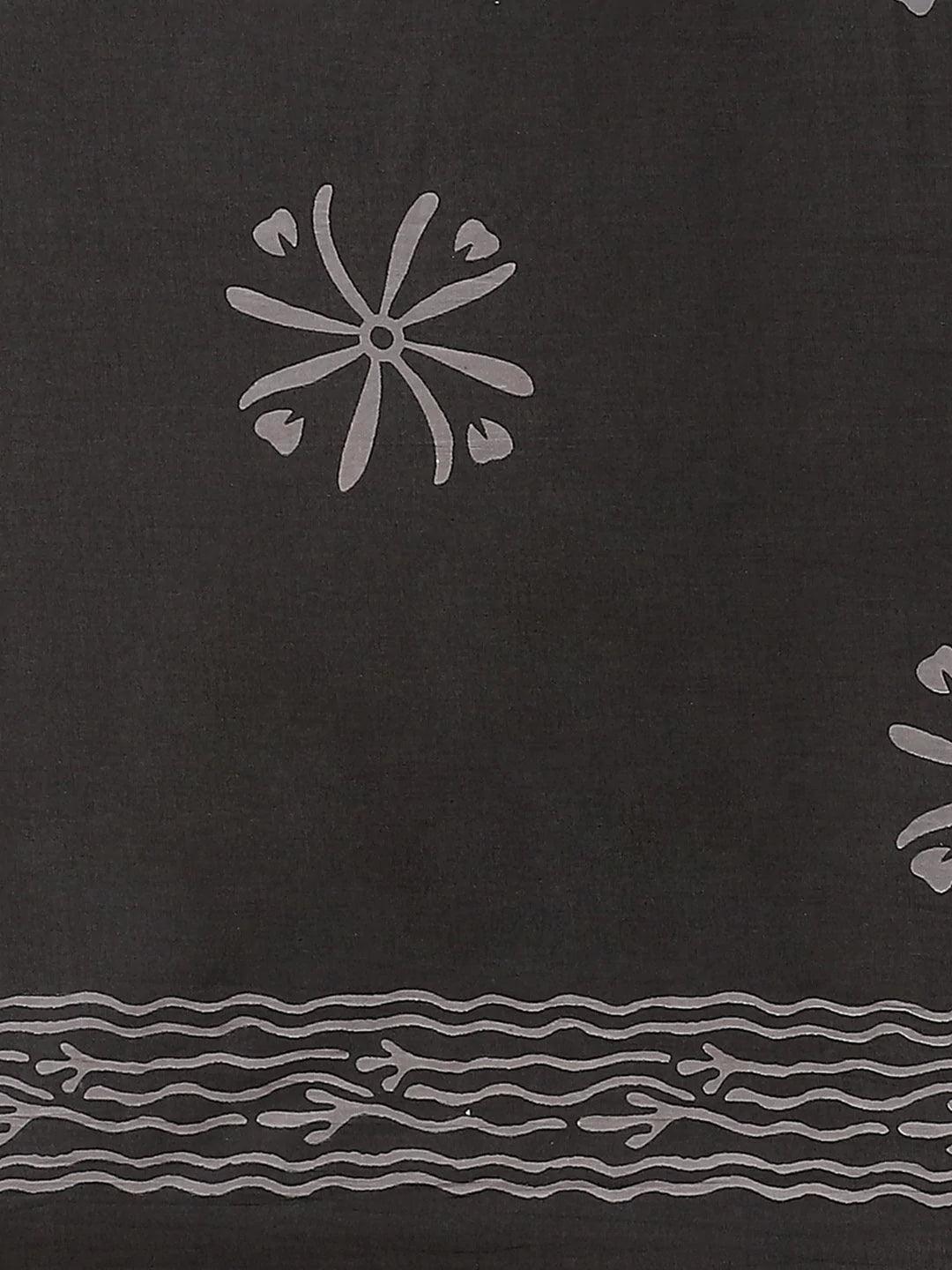 Black Printed Cotton Saree - ShopLibas