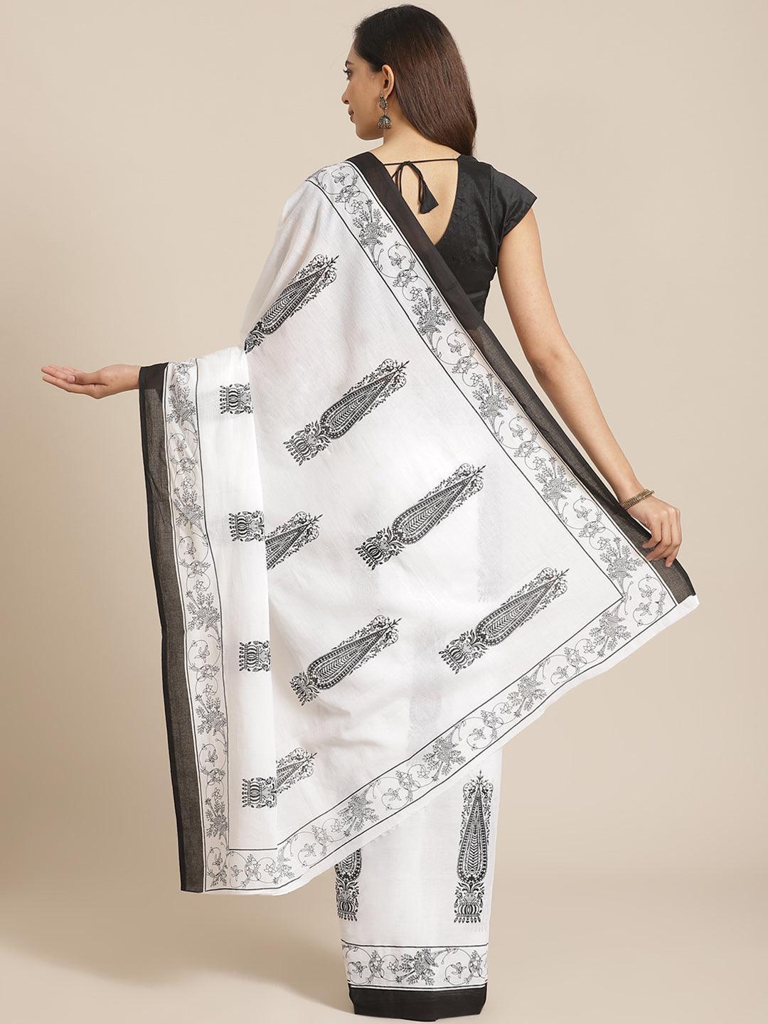 White Printed Cotton Saree - ShopLibas