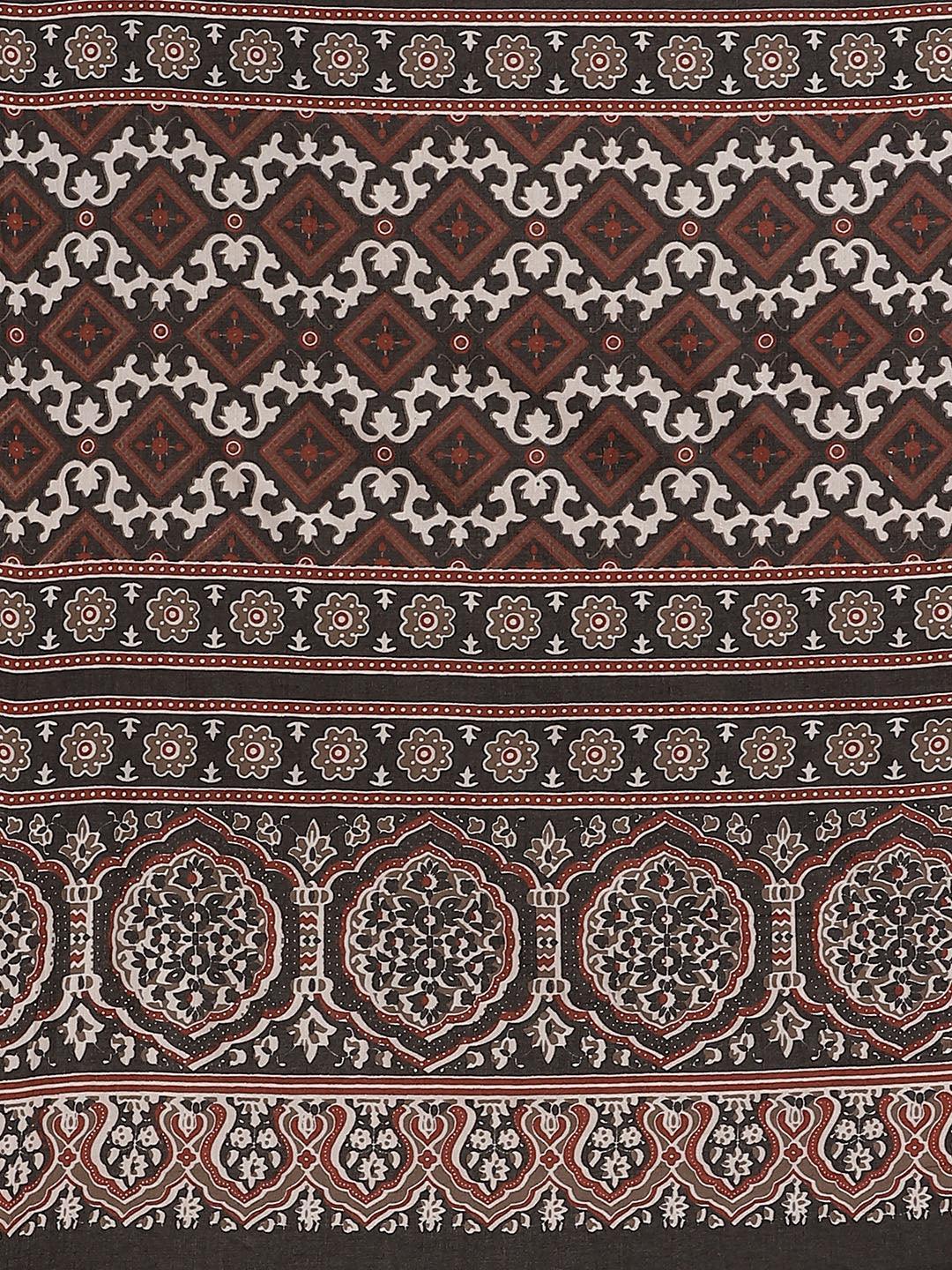 Brown Printed Cotton Saree - ShopLibas