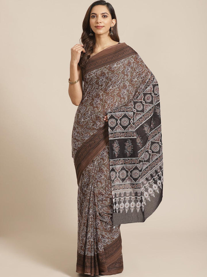 Brown Printed Cotton Saree