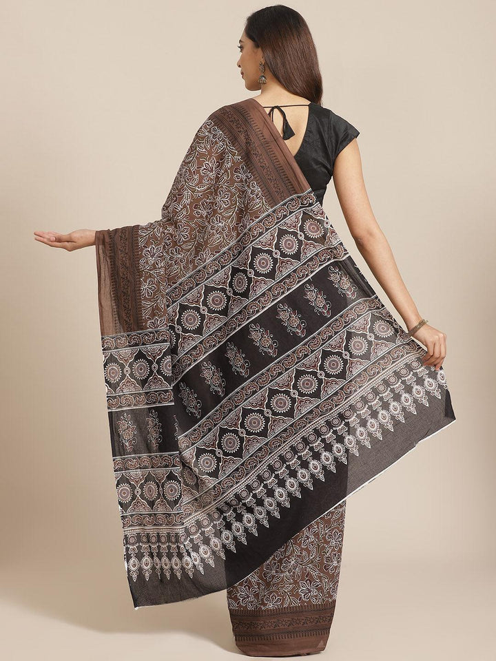 Brown Printed Cotton Saree