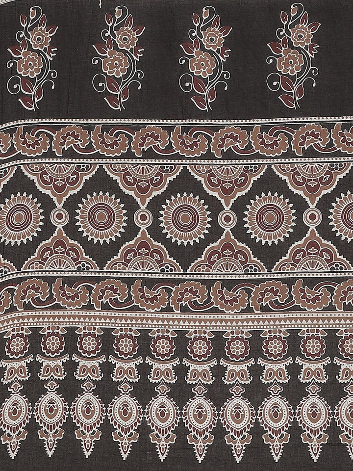 Brown Printed Cotton Saree