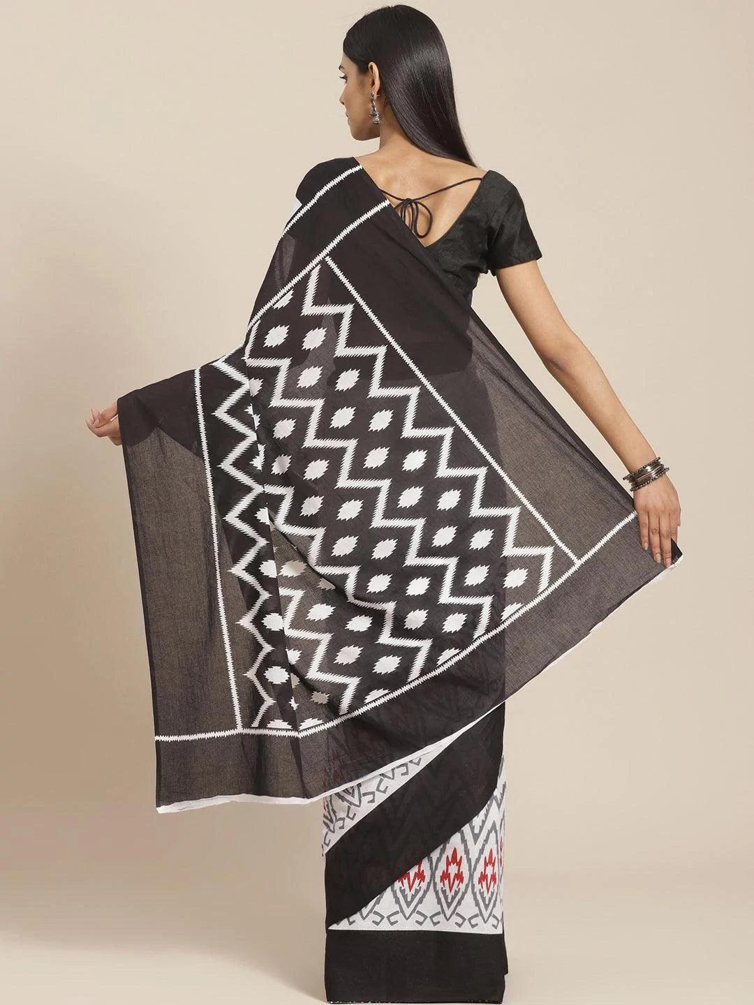 White Printed Cotton Saree - ShopLibas