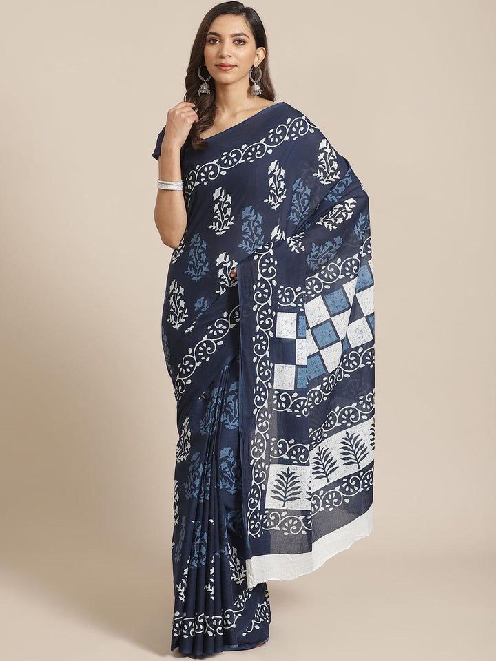 Blue Printed Cotton Saree