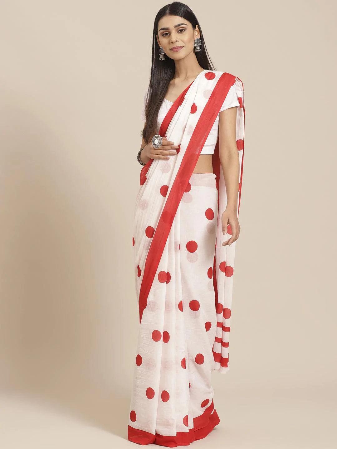 White Printed Cotton Saree - ShopLibas