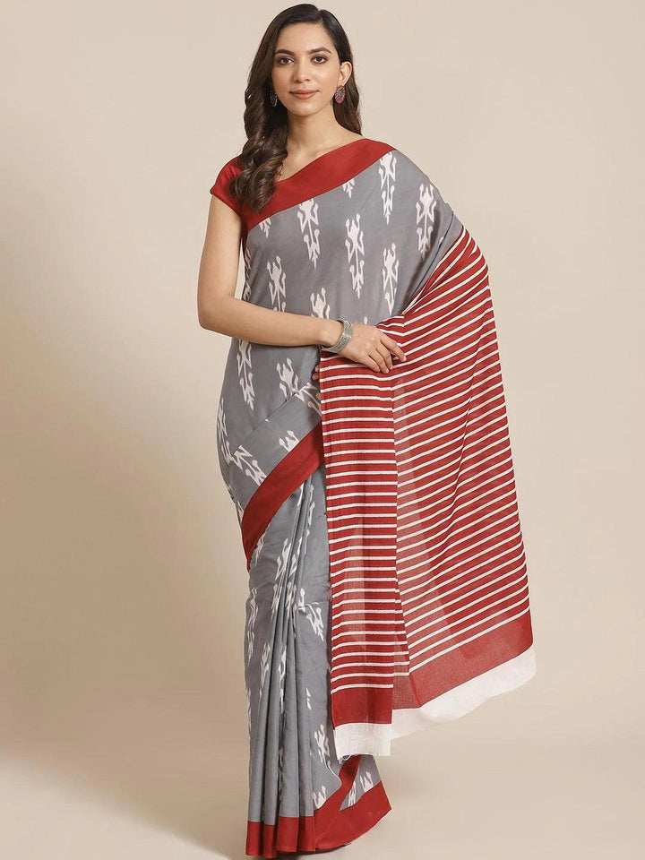 Grey Printed Cotton Saree