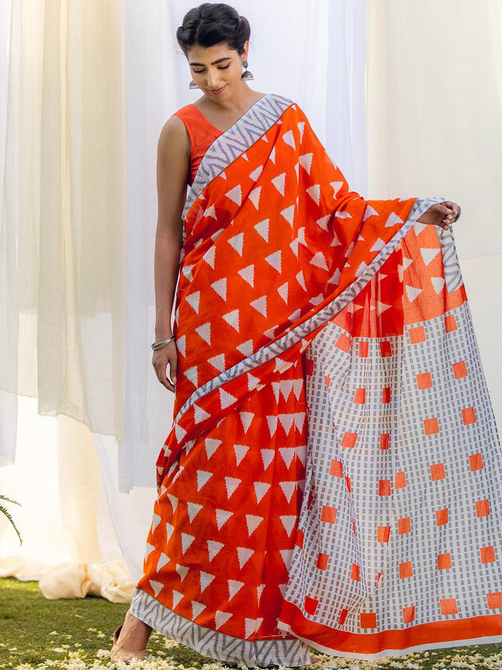 Orange Printed Cotton Saree