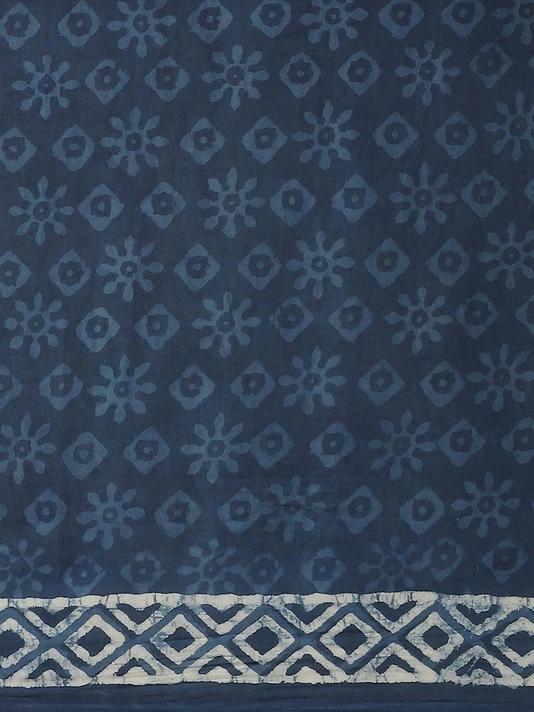 Blue Printed Cotton Saree - ShopLibas