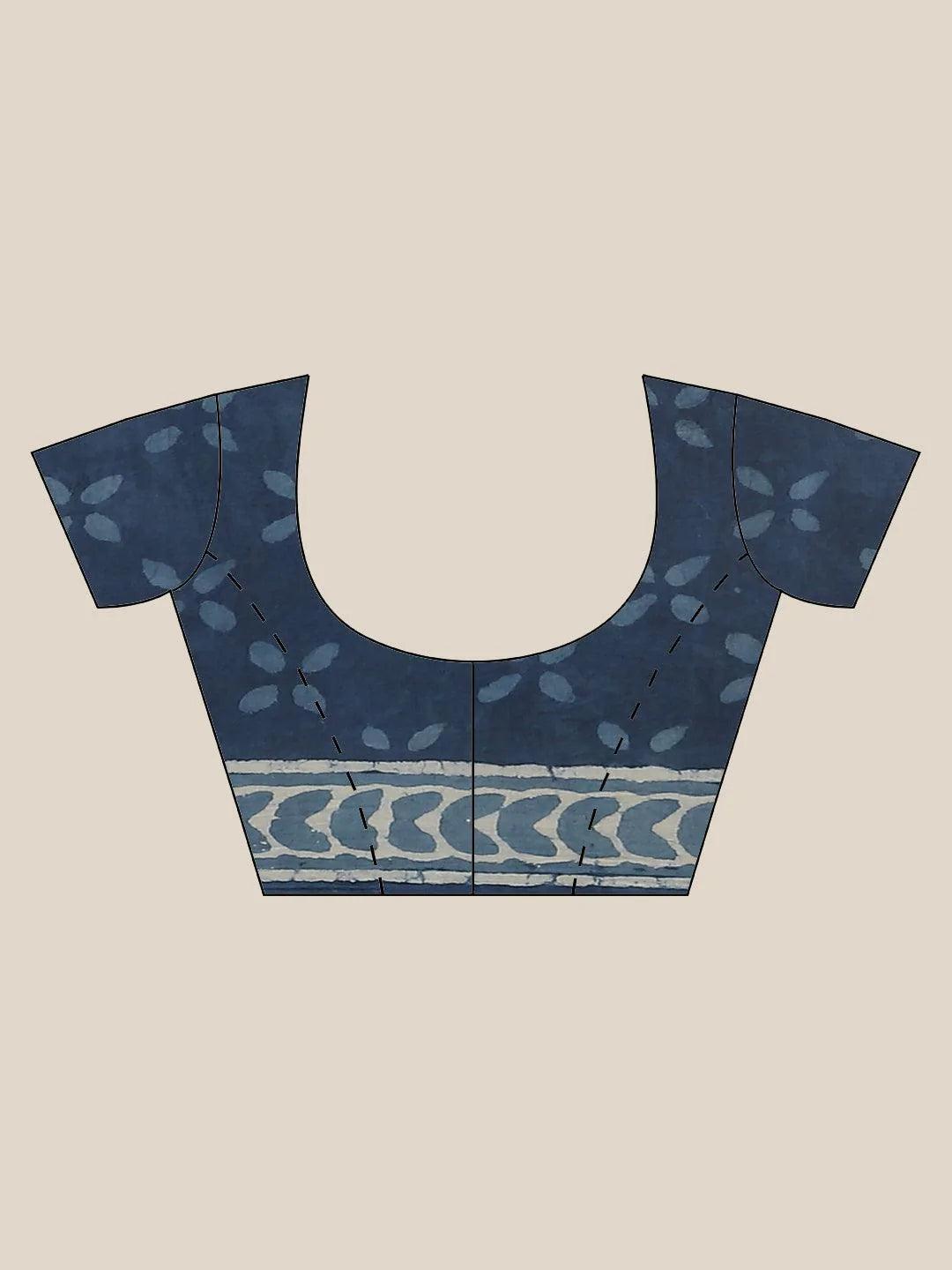 Blue Printed Cotton Saree - ShopLibas