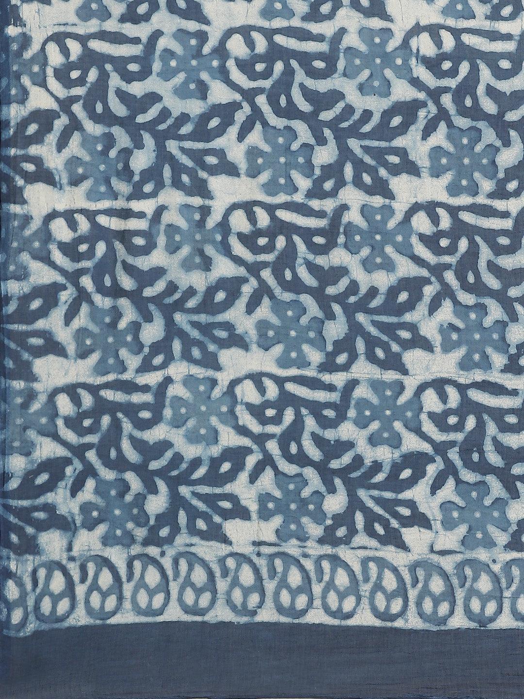 Blue Printed Cotton Saree - ShopLibas