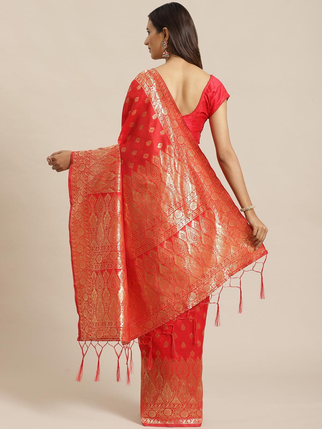 Red Woven Design Silk Saree - ShopLibas