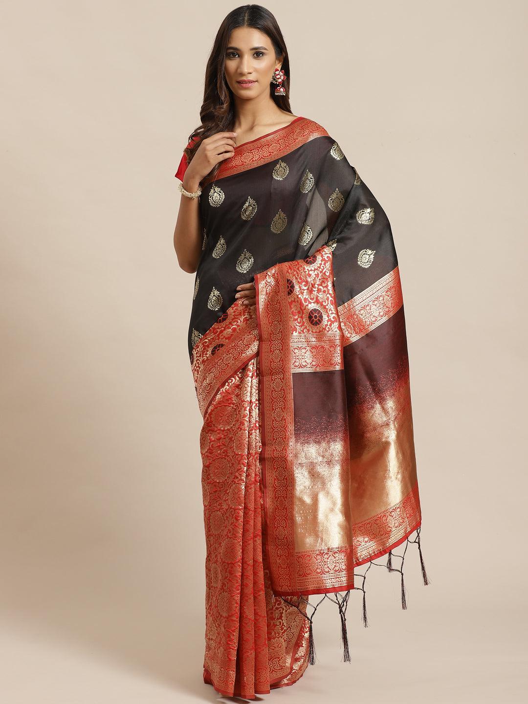 Black Woven Design Silk Saree - ShopLibas