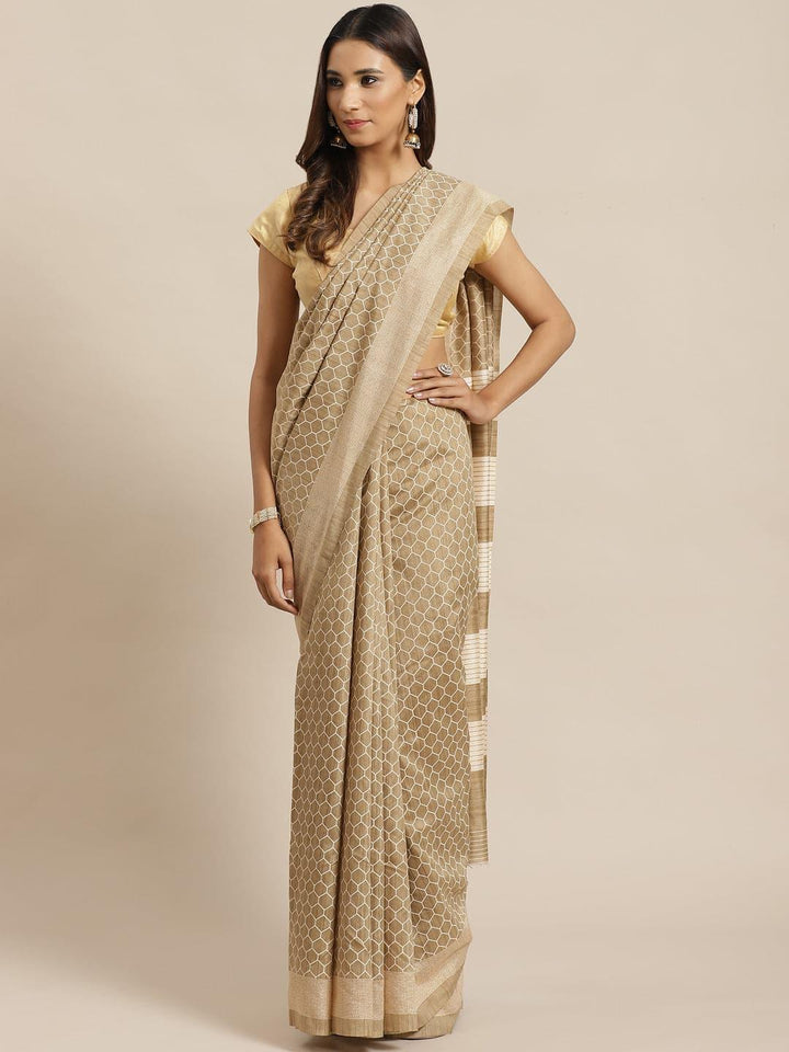 Beige Printed Silk Saree
