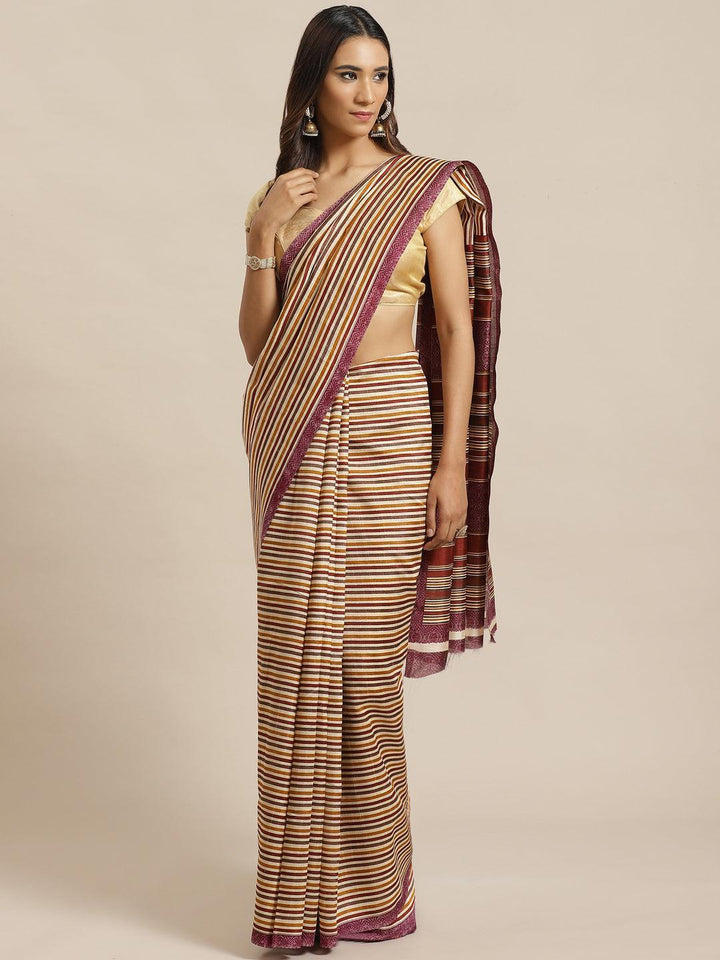 Beige Striped Silk Blend Saree