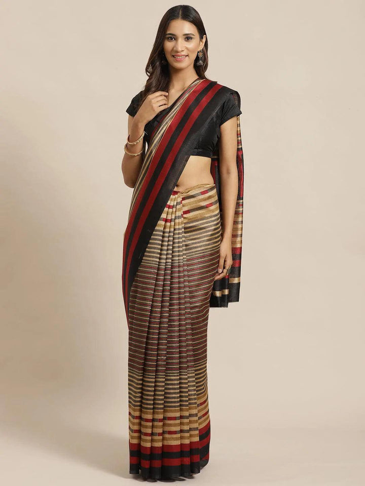 Beige Striped Silk Blend Saree