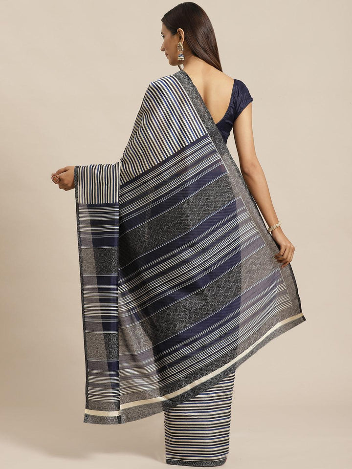 Navy Blue Striped Silk Blend Saree